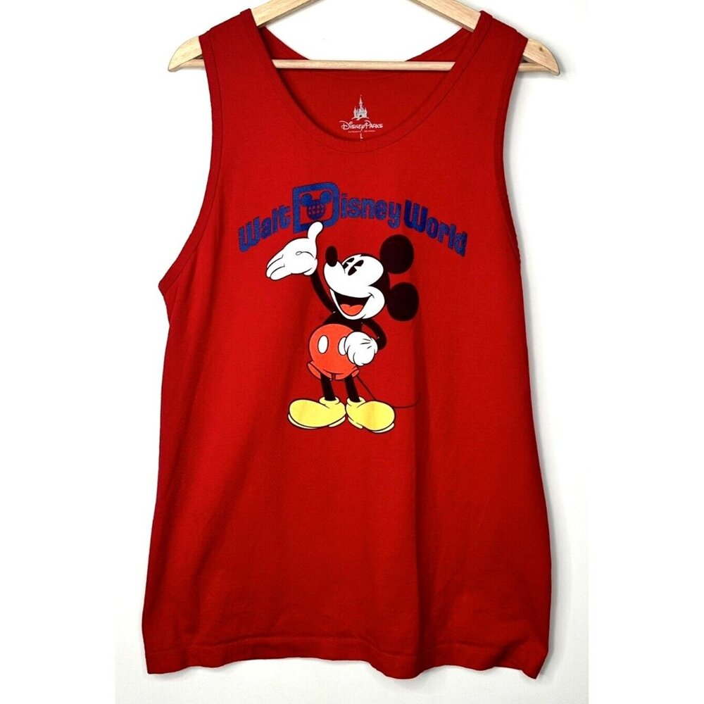 Disney Parks Mens Tank Top Shirt Walt Disney World Mickey Mouse Print Red Large